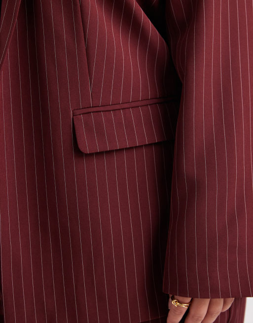 Pieces Curve - Blazer sartoriale bordeaux con motivo gessato in coordinato, 3 di 4