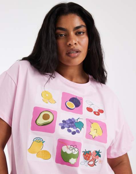 Pieces Curve – Blekrosa t-shirt i oversize med frukttryck - view 1