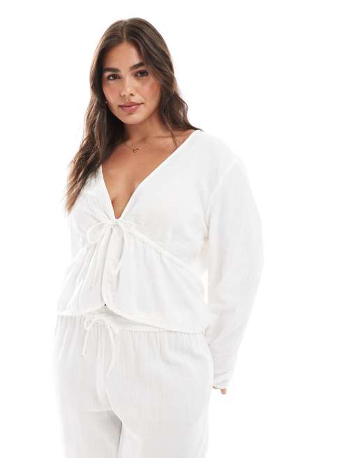 Pieces Curve - Blusa taglio corto stropicciata in cotone bianco nuvola allacciata sul davanti in coordinato
