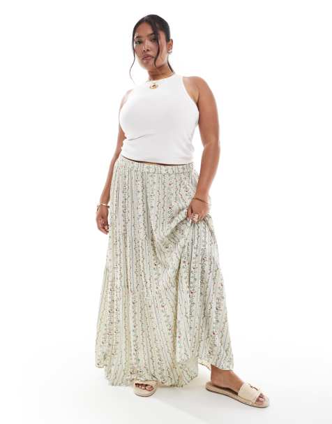 Pieces Curve boho tiered maxi skirt in floral stripe print