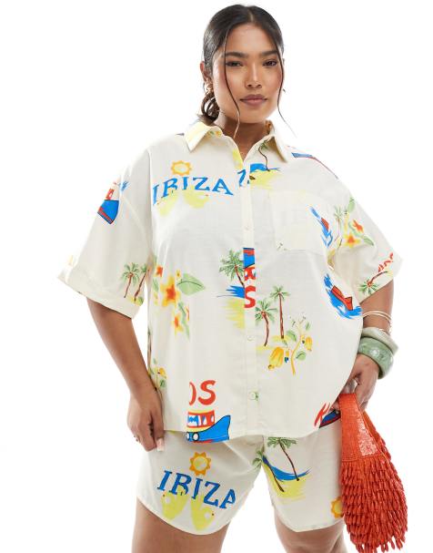 Pieces Curve boxy fit shirt in cream based conversational print - part of a set - view 1