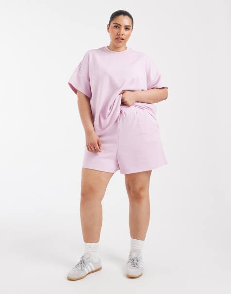 Pieces Curve boxy sweat t-shirt and high waist short set in light pink - view 1