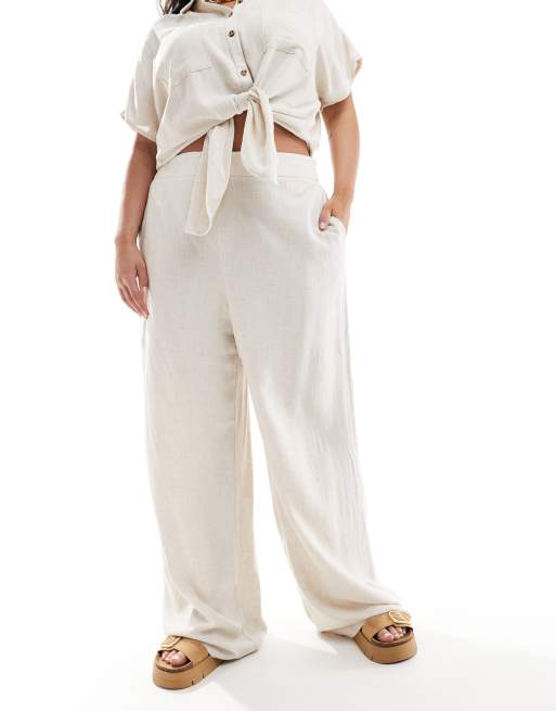 Pieces Curve - Broek van linnenmix met wijde pijpen in crème, deel van co-ord set, 4 van 5