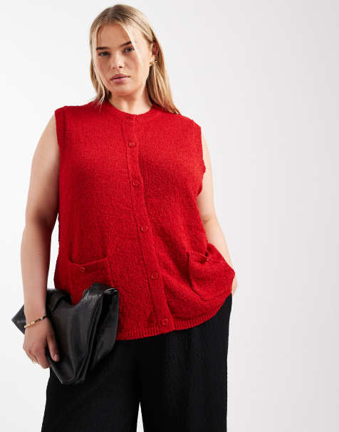 Pieces Curve button front knitted singlet in red - view 1