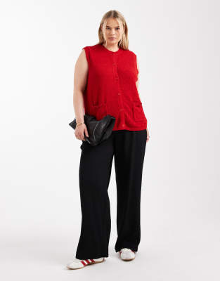 Pieces Plus Pieces Curve Button Front Knitted Vest In Red