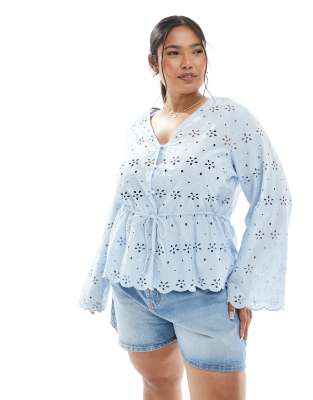 Pieces Plus Pieces Curve button front tie waist broderie top in blue