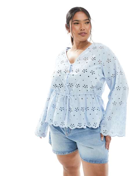 Pieces Curve button front tie waist broderie top in blue - view 1