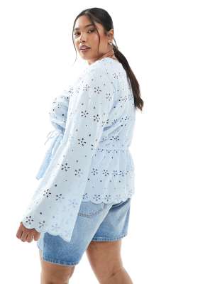 pieces curve button front tie waist eyelet top in blue