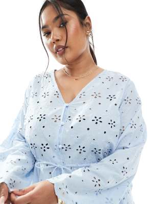 pieces curve button front tie waist eyelet top in blue