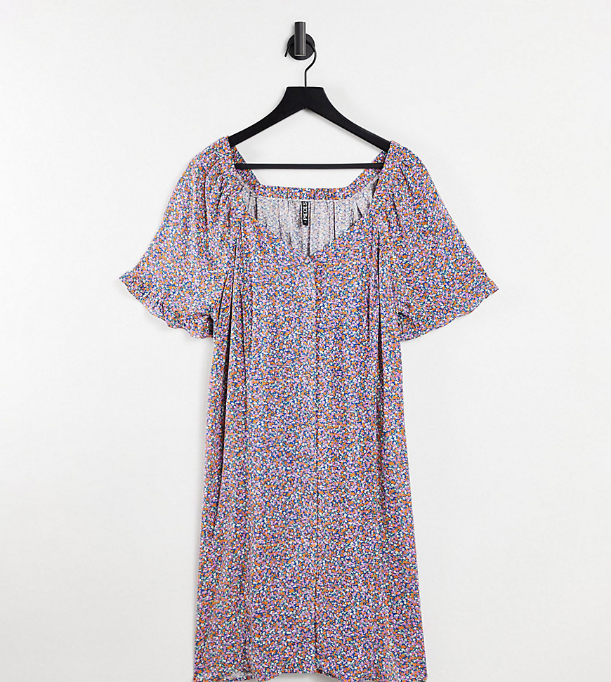 Pieces Curve button through smock dress in ditsy floral-Multi