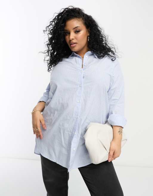 Pieces Curve Camicia dal taglio lungo a righe bianca e blu ASOS