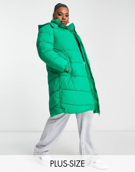 Pieces Curve - Cappotto imbottito taglio lungo verde acceso con cappuccio