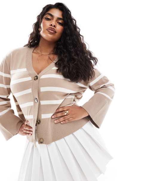 Pieces Curve cardigan in beige and white stripe - view 1