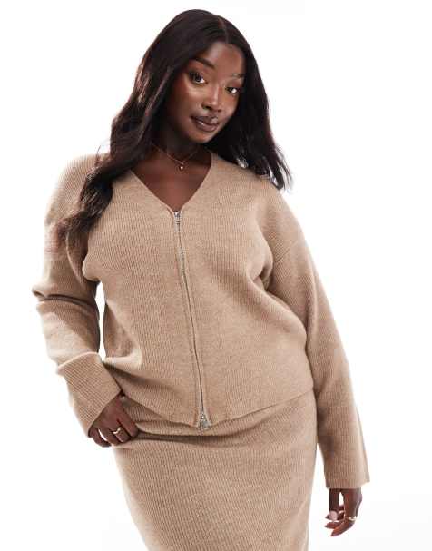 Pieces Curve - Cardigan tortora con scollo a V in coordinato - view 1