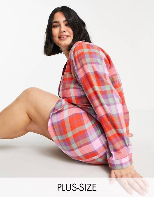 Pieces Curve - Chemise de pyjama oversize à carreaux et manches longues - Rouge