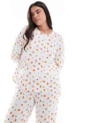 Pieces Plus Pieces Curve Christmas Long Sleeve Pajama Set In White