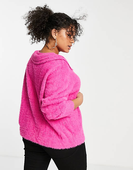 Jumpers & Cardigans Pieces Curve collar detail knitted cardigan in bright pink 