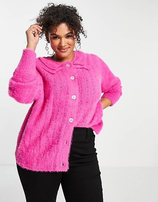 Jumpers & Cardigans Pieces Curve collar detail knitted cardigan in bright pink 