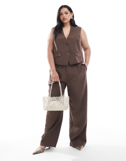 Pieces Curve - Coordinato con pantaloni e gilet sartoriale marrone cioccolato