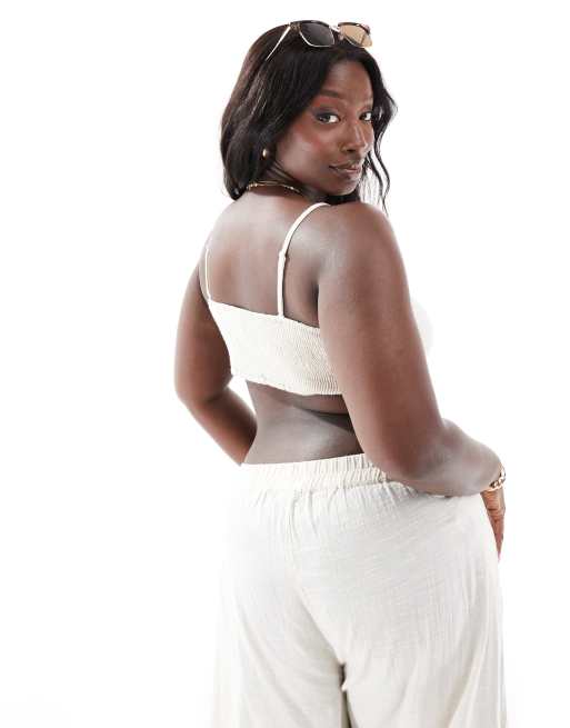 Pieces Curve cotton beach bandeau top co-ord in cream, 3 of 4