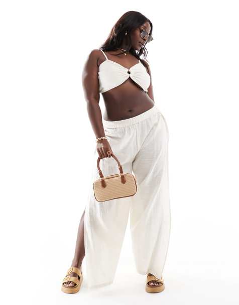 Pieces Curve cotton beach pants in cream (part of a set) - view 1