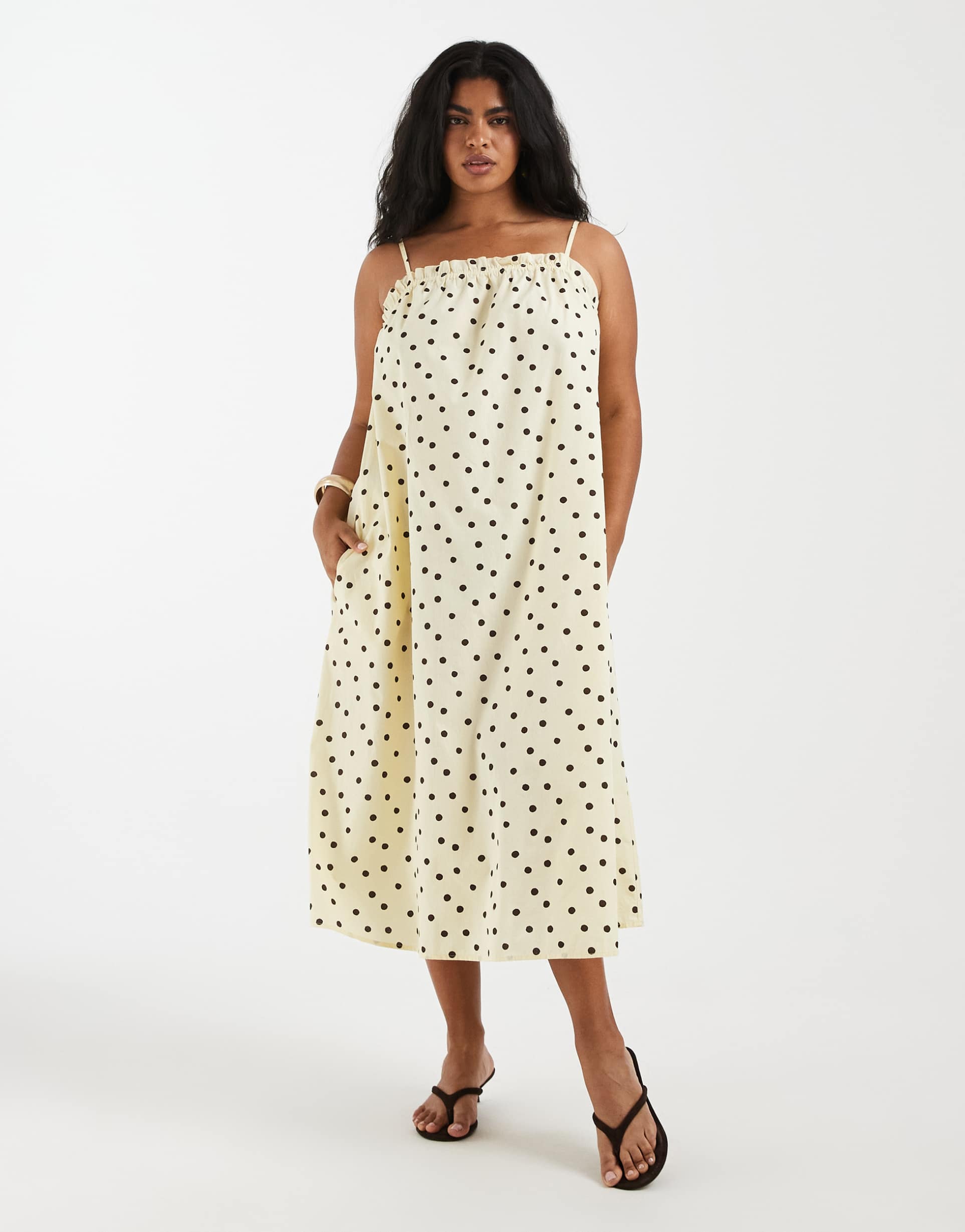 pieces curve cotton cami maxi dress in yellow and brown polka dot print