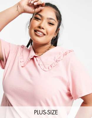 Pieces Plus Pieces Curve cotton t-shirt with exaggerated frill collar in pink - LPINK