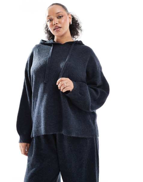 Pieces Curve cozy knitted hoodie co-ord in navy melange - view 1