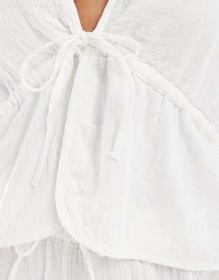 Pieces Plus Pieces Curve Crinkle Cotton Tie Front Cropped Blouse