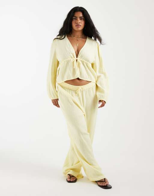PIECES Curve crinkle cotton tie front long sleeve top in pastel yellow (part of a set), 2 of 4