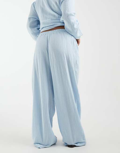 Pieces Curve crinkle cotton wide leg pants in pale blue - part of a set, 5 of 5