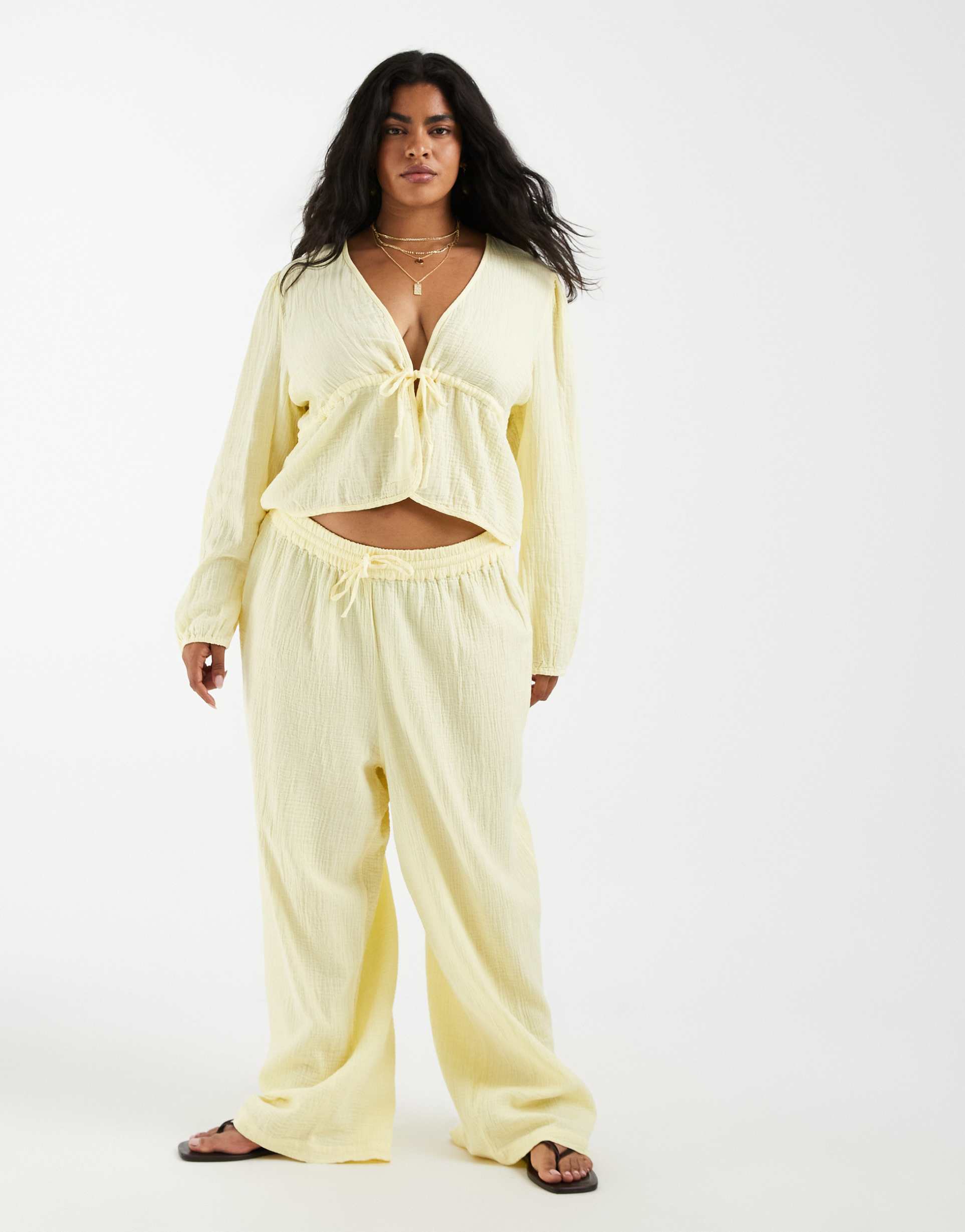 pieces curve crinkle cotton wide leg pants in pastel yellow - part of a set