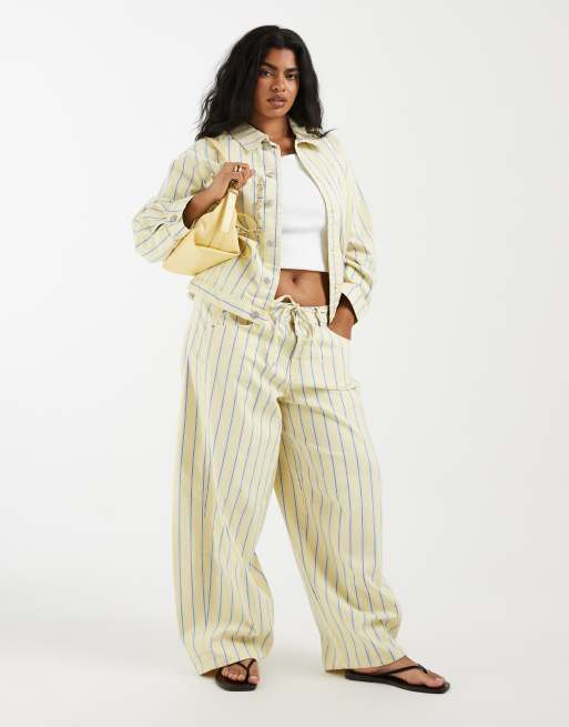 Pieces Curve denim jacket co-ord in yellow and blue stripe, 2 of 4