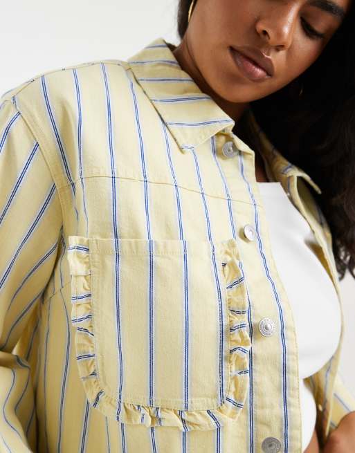 Pieces Curve denim jacket co-ord in yellow and blue stripe, 3 of 4