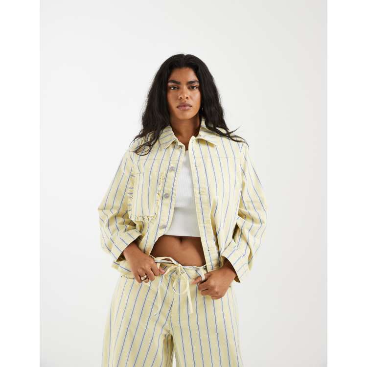 PIECES Curve denim jacket in yellow and blue stripes - part of a