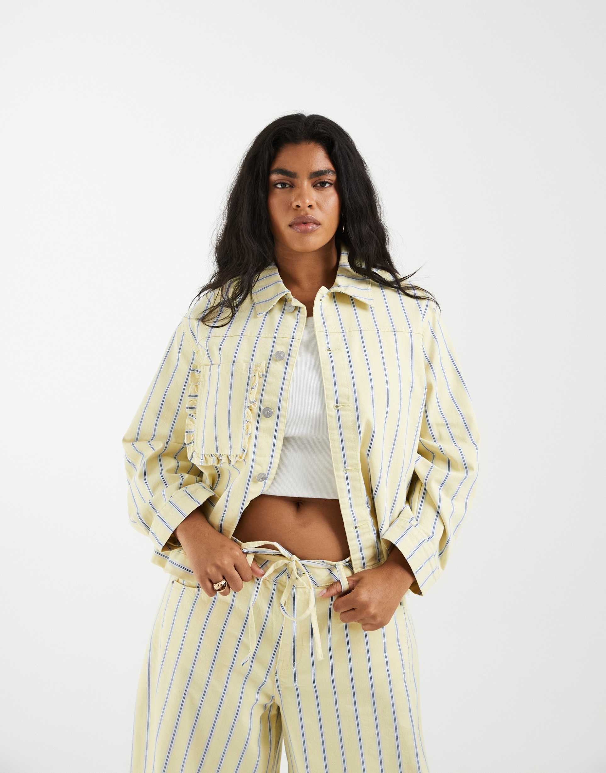 pieces curve denim jacket in yellow and blue stripes - part of a set
