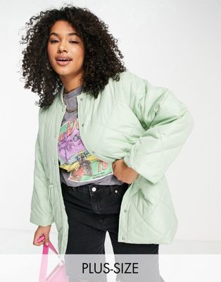 Pieces Curve drawstring waist quilted jacket in sage green