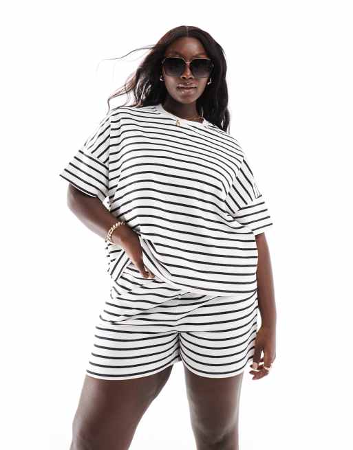 Pieces Curve – Dresowy T-shirt w czarno-białe paski