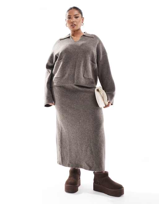 Pieces Curve – Dzianinowa spódnica maxi w ciemnym szarobrązowym kolorze, część zestawu