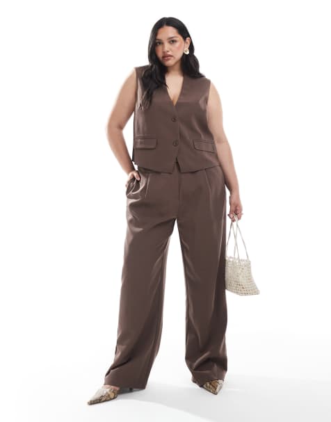 Pieces Curve - Elegante broek met meerdere knoopjes in chocoladebruin, deel van co-ord set - view 1