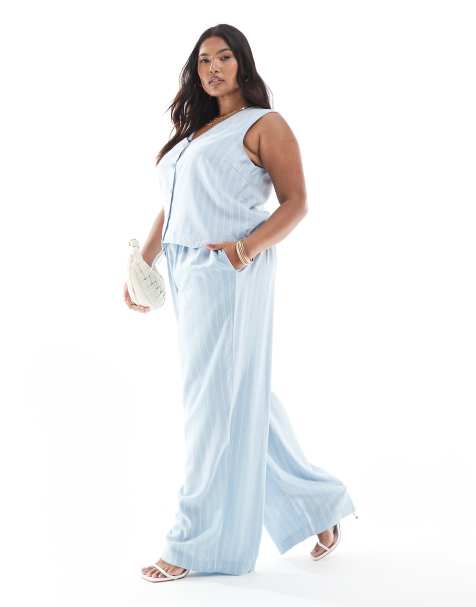 PIECES Curve – Elegantes Set in Hellblau gestreift mit Trägertop und Hose mit weitem Bein - view 1