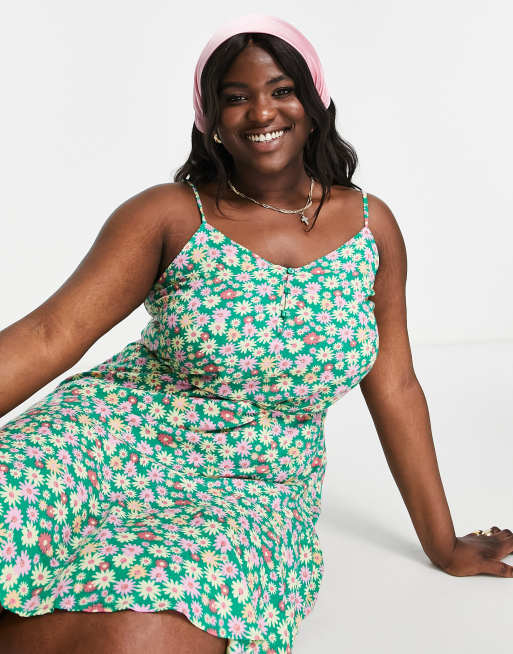 Pieces Curve exclusive button front mini slip dress in green floral ASOS