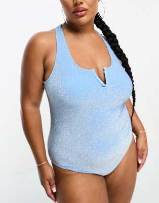 Pieces Curve exclusive glitter cross back plunge swimsuit in blue