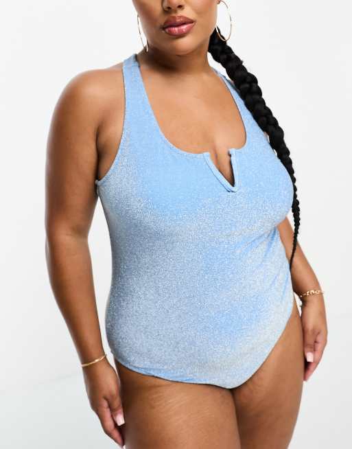 Pieces Curve exclusive glitter cross back plunge swimsuit in blue