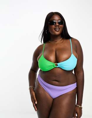 Pieces Curve Exclusive high leg bikini bottoms in pastel color block-Multi