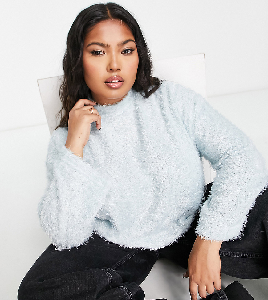 Pieces Curve exclusive high neck fluffy jumper in baby blue