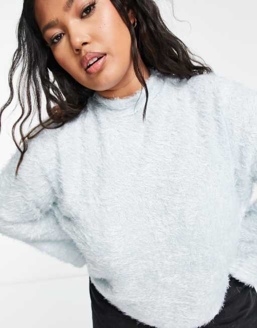 Pieces Curve exclusive high neck fluffy jumper in baby blue ASOS