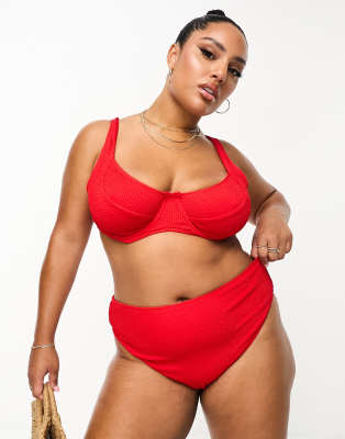 Pieces Curve Exclusive high waist bikini bottoms in red