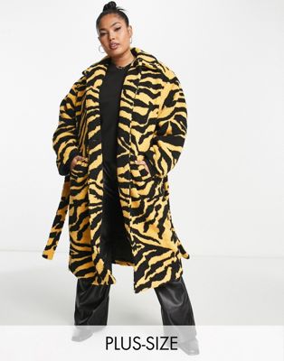 Pieces Curve exclusive longline belted teddy coat in yellow tiger print