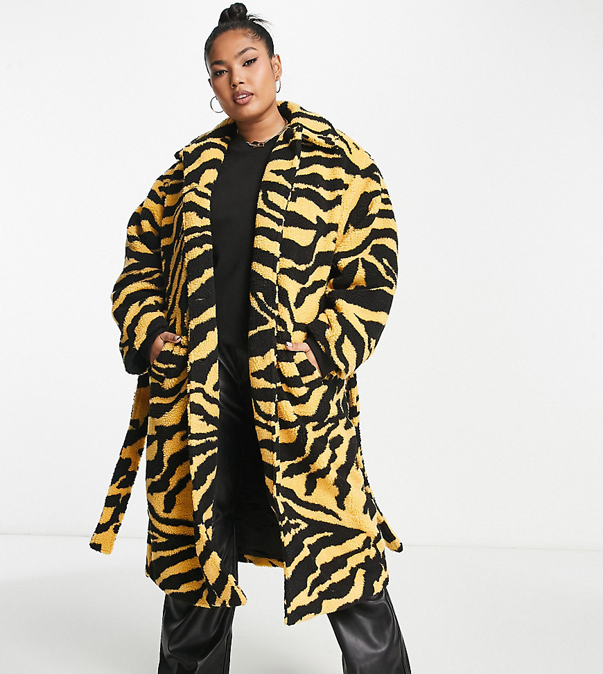 Pieces Curve exclusive longline belted teddy coat in yellow tiger print-Multi